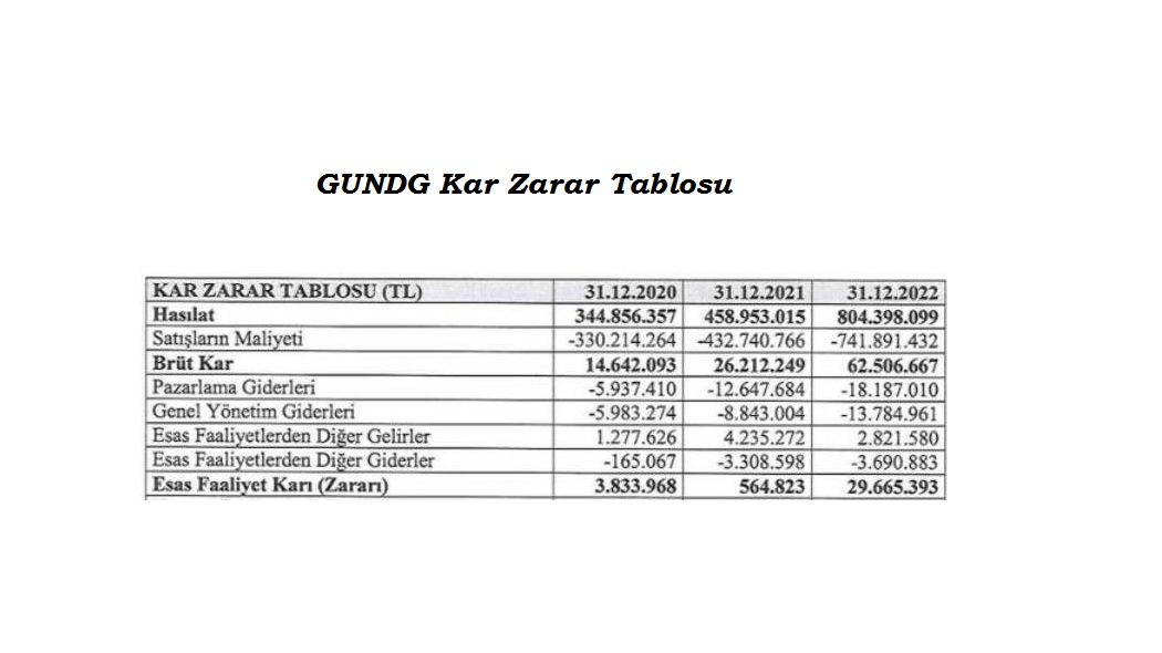 Gündoğdu kar zarar tablosu