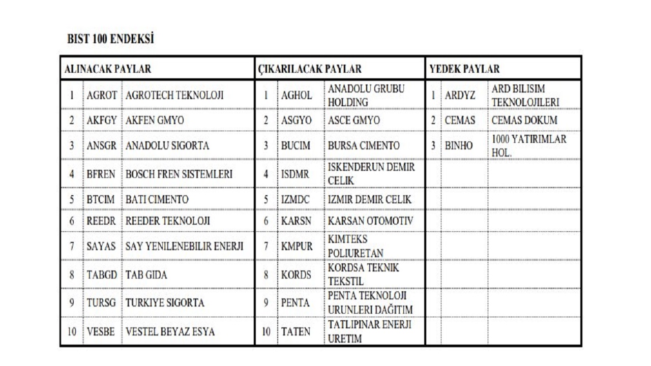 REEDR AGROT TABGD BIST 100'e Giriyor, İşte O 10 Hisse!