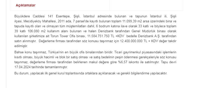 TRGYO Kiracısı Denizbank'a Torun Tower'ı Sattı
